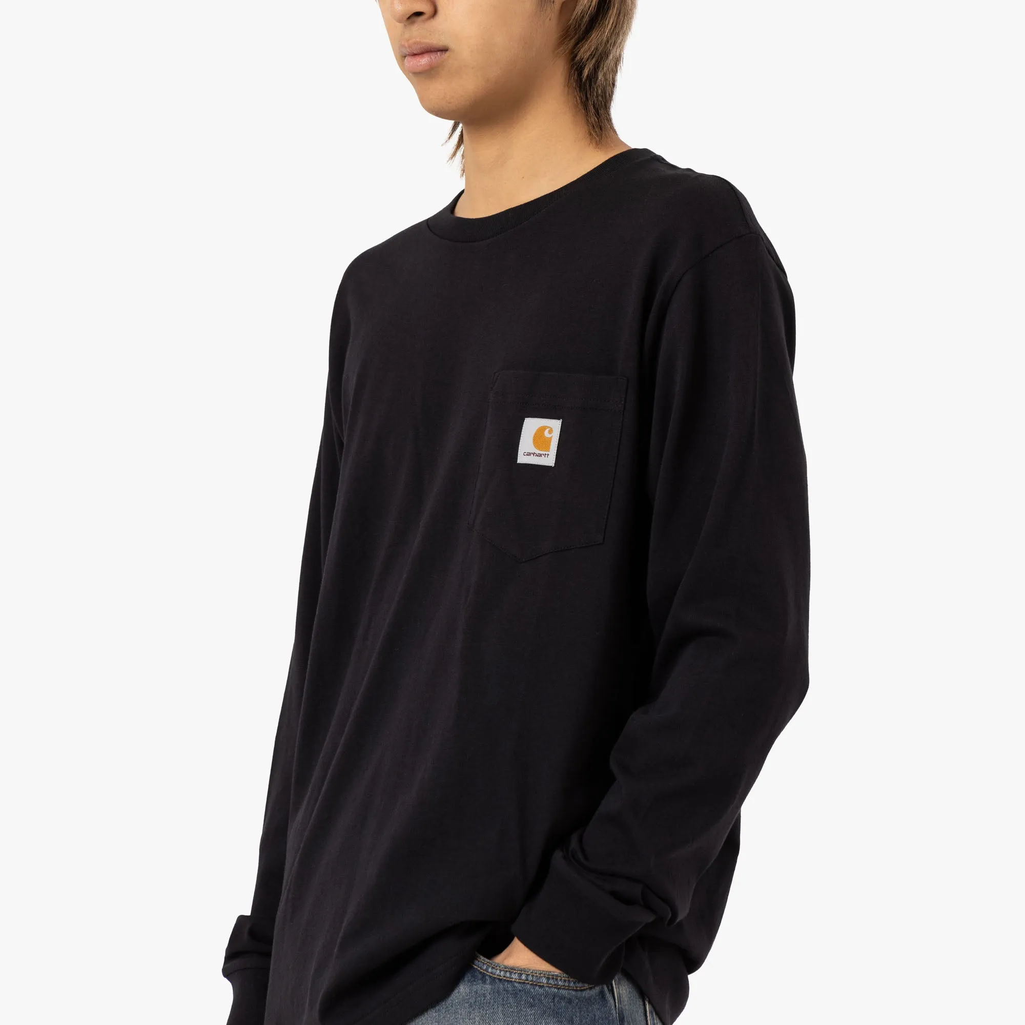 Carhartt WIP T-shirt manches longues à poche en jersey de coton uni / Noir