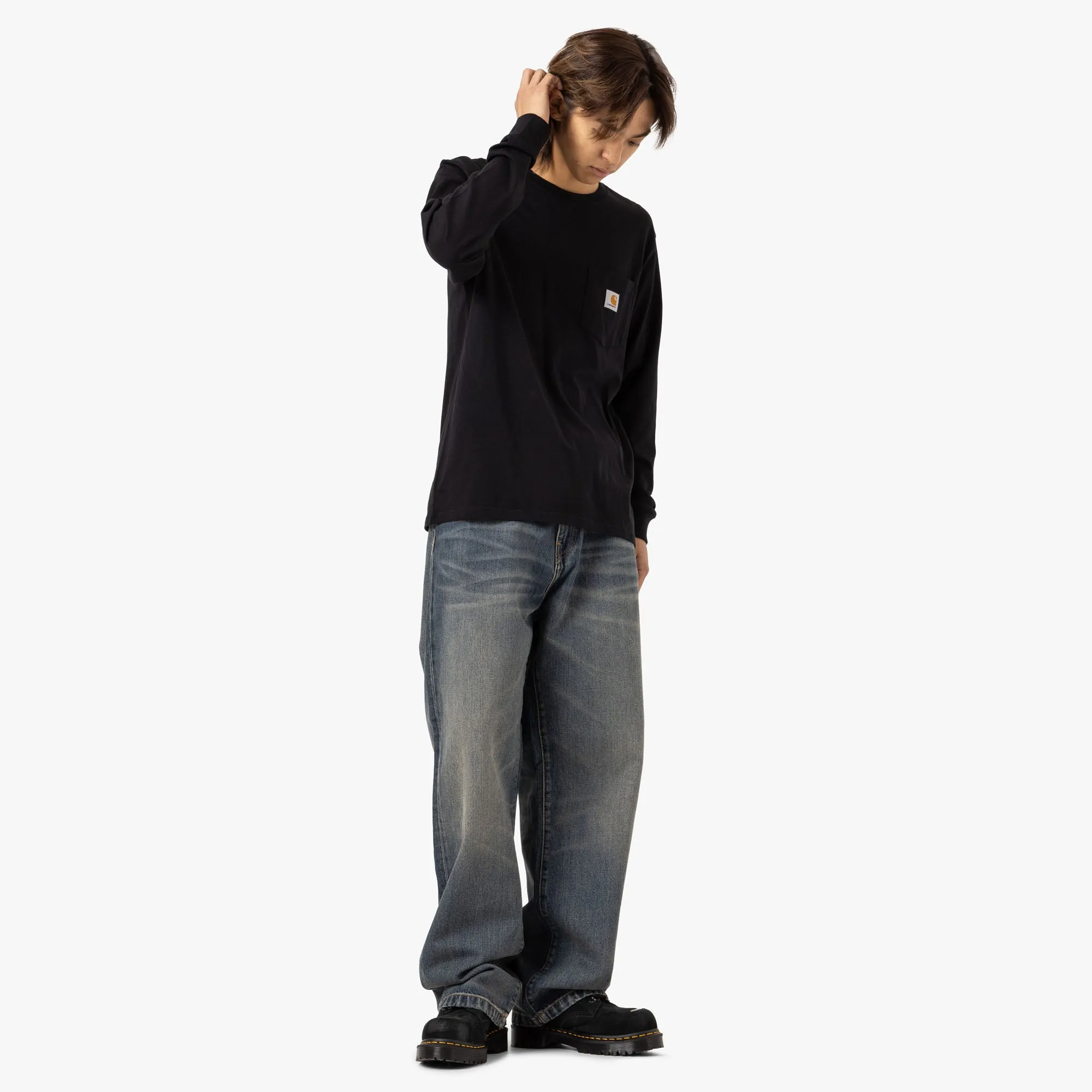 Carhartt WIP T-shirt manches longues à poche en jersey de coton uni / Noir