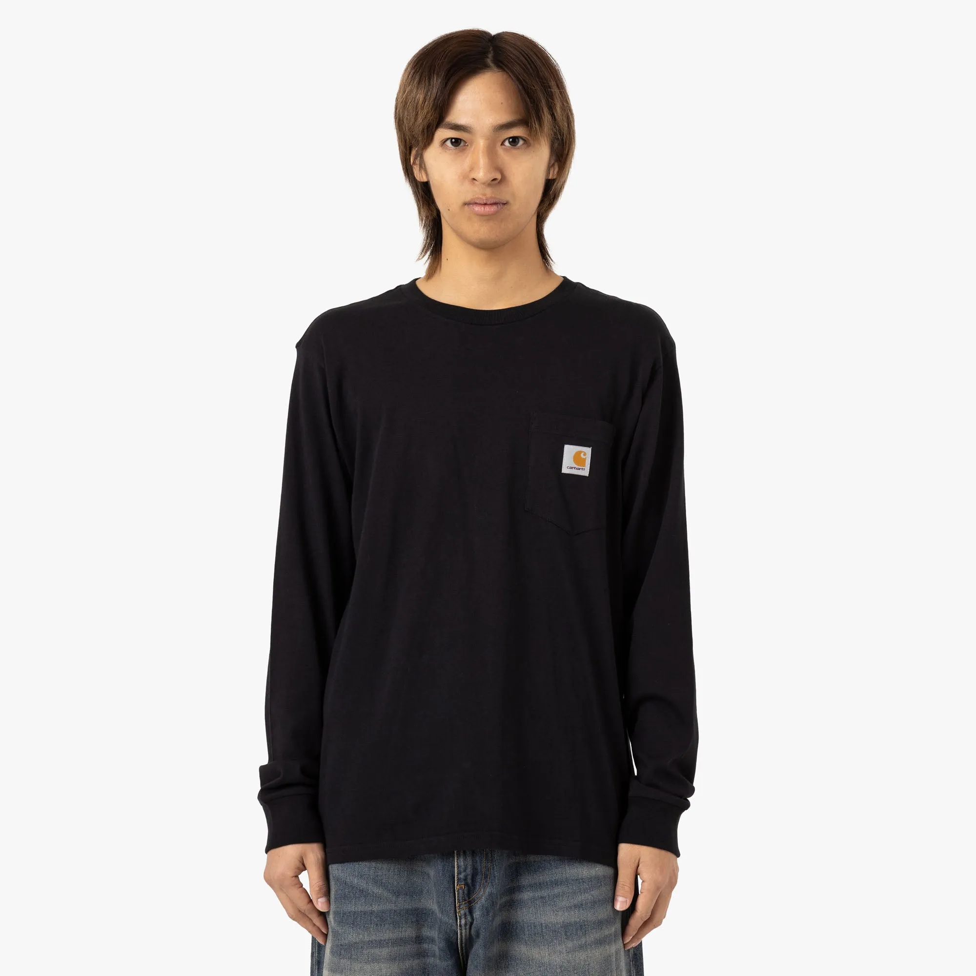 Carhartt WIP T-shirt manches longues à poche en jersey de coton uni / Noir