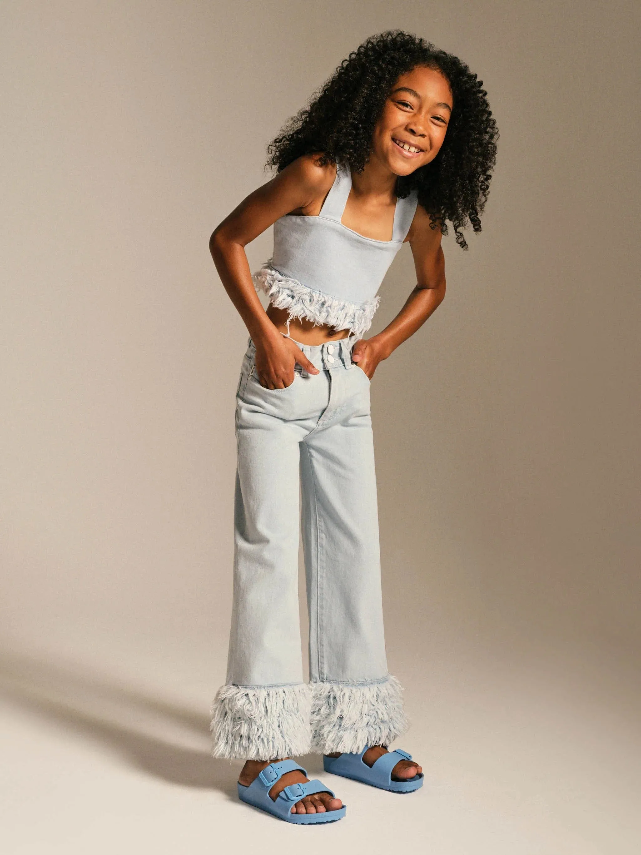 DL1961 Haut court en jean Cora pour filles avec fourrure en bleu