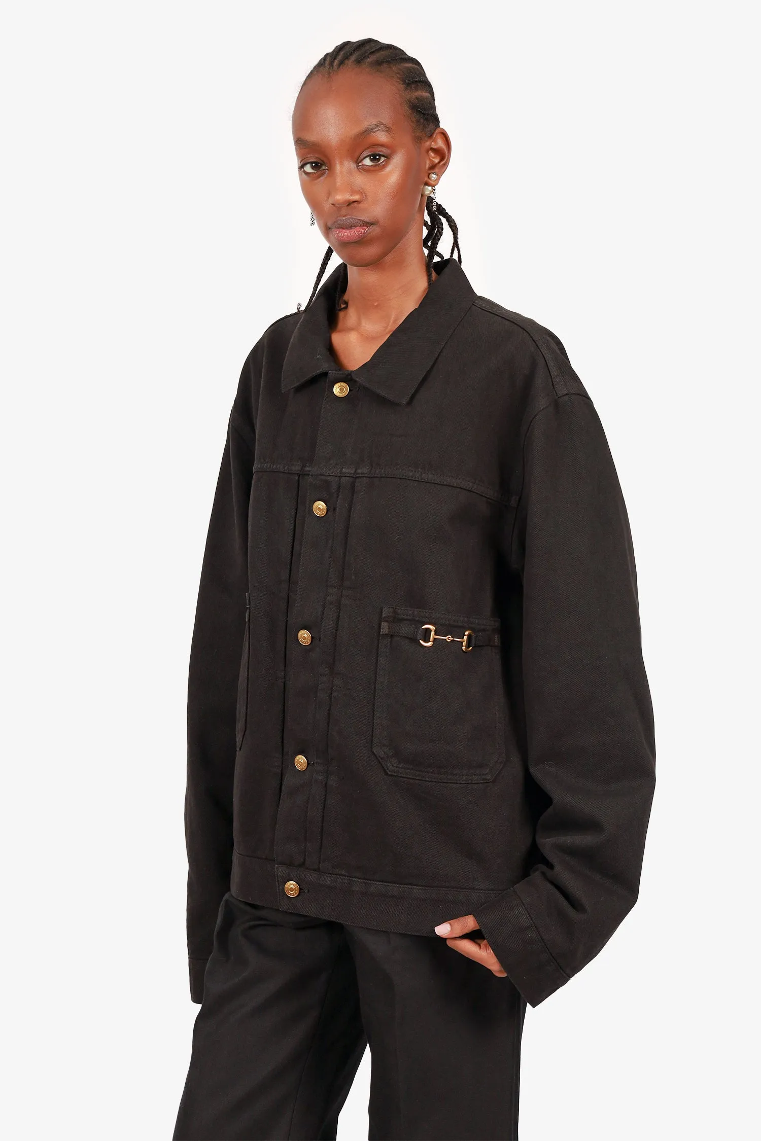 Veste en denim noir lavé/teint Gucci 1955 avec motif Horsebit Taille 56 pour homme