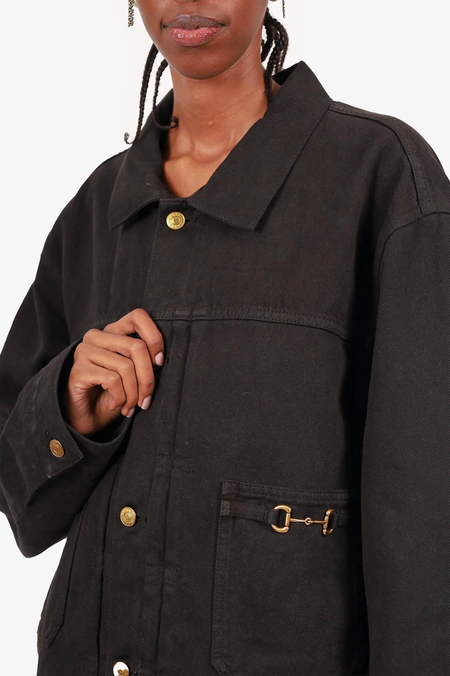 Veste en denim noir lavé/teint Gucci 1955 avec motif Horsebit Taille 56 pour homme