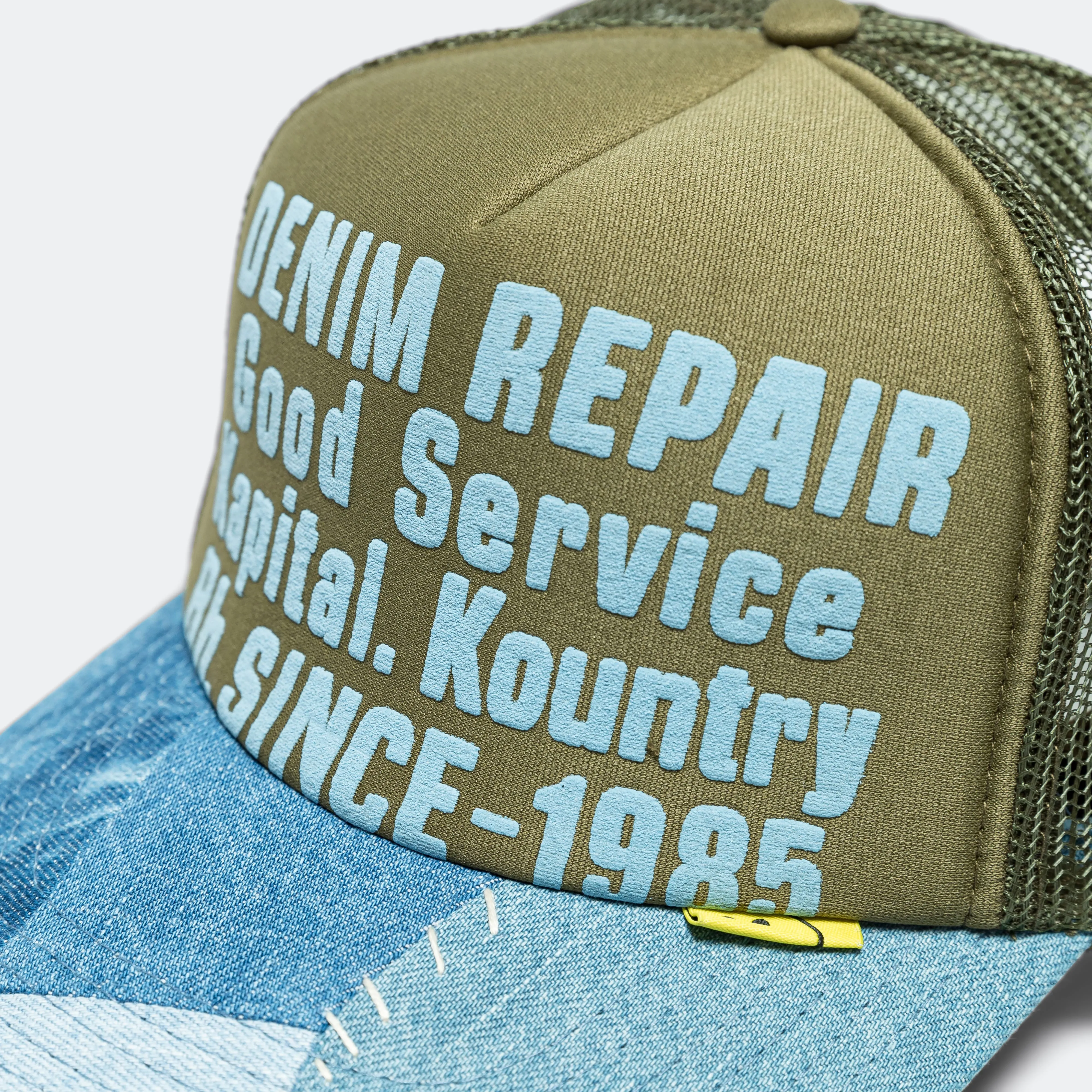 Kapital Clothing SERVICE DE RÉPARATION DE DENIM Casquette Trucker Reconstruite en Denim - Vert Foncé
