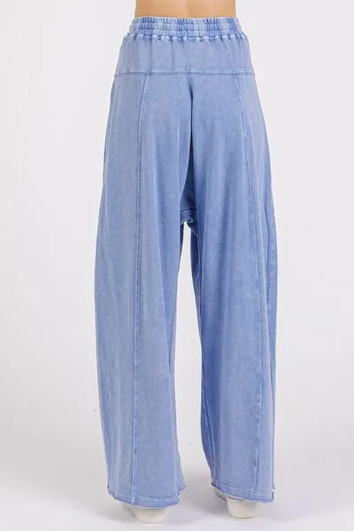 Mittoshop Pantalon large à taille élastique et jambe évasée en minéral wash