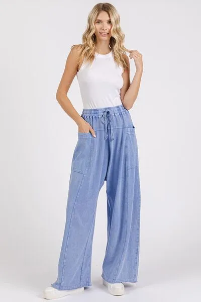 Mittoshop Pantalon large à taille élastique et jambe évasée en minéral wash
