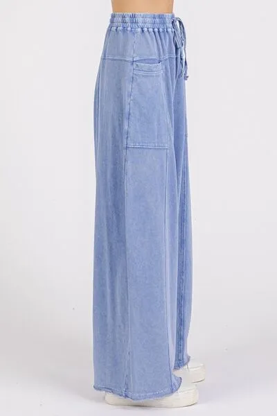 Mittoshop Pantalon large à taille élastique et jambe évasée en minéral wash