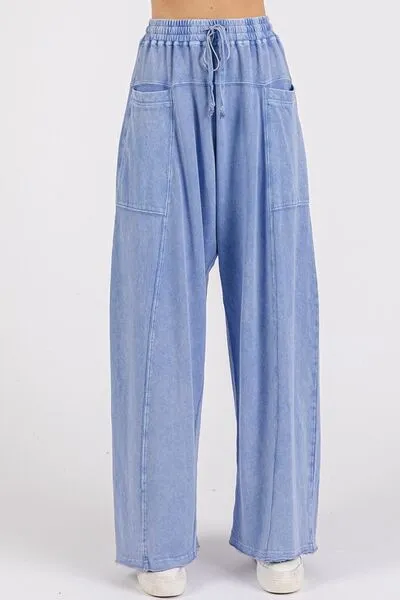Mittoshop Pantalon large à taille élastique et jambe évasée en minéral wash