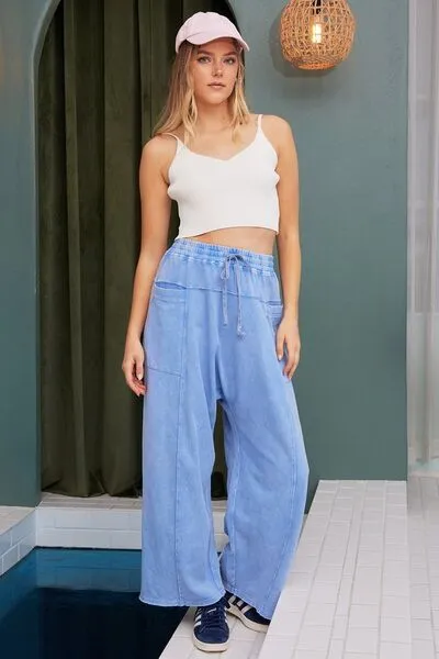 Mittoshop Pantalon large à taille élastique et jambe évasée en minéral wash