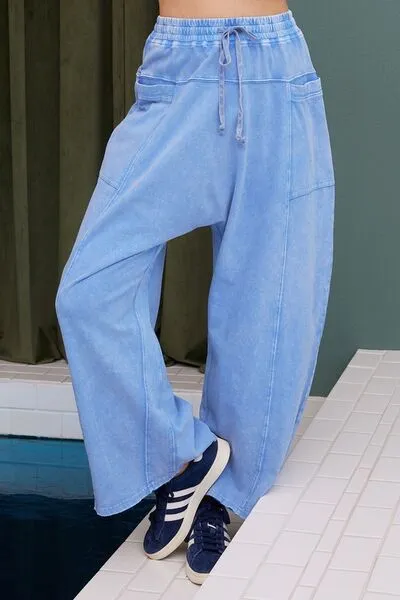 Mittoshop Pantalon large à taille élastique et jambe évasée en minéral wash