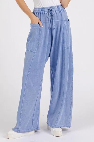 Mittoshop Pantalon large à taille élastique et jambe évasée en minéral wash