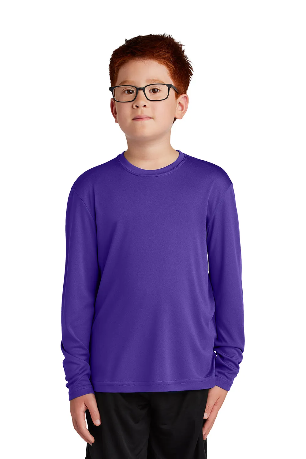 Sport-Tek T-shirt à manches longues et col rond pour jeunes compétiteurs, évacuant l'humidité - Violet
