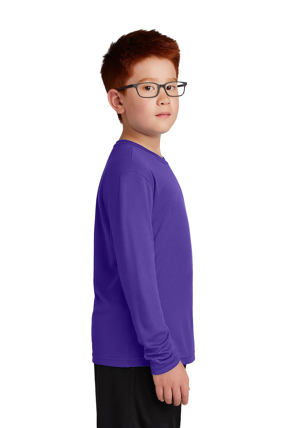 Sport-Tek T-shirt à manches longues et col rond pour jeunes compétiteurs, évacuant l'humidité - Violet