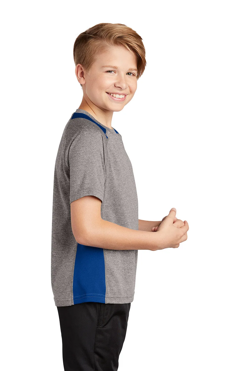Sport-Tek T-shirt à manches courtes et col rond pour jeunes, en maille chiné, évacuant l'humidité - Gris chiné vintage / Bleu royal vrai