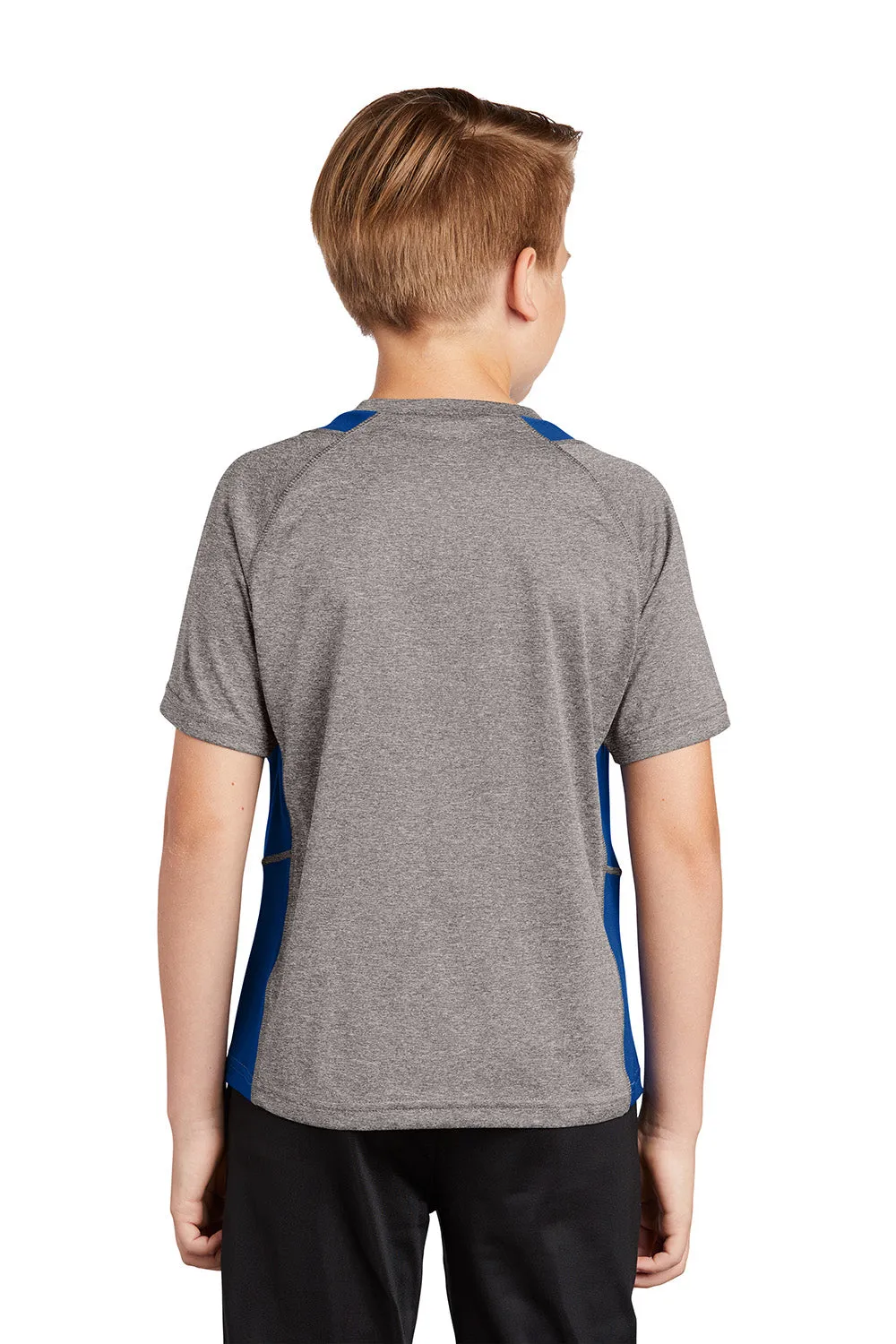 Sport-Tek T-shirt à manches courtes et col rond pour jeunes, en maille chiné, évacuant l'humidité - Gris chiné vintage / Bleu royal vrai