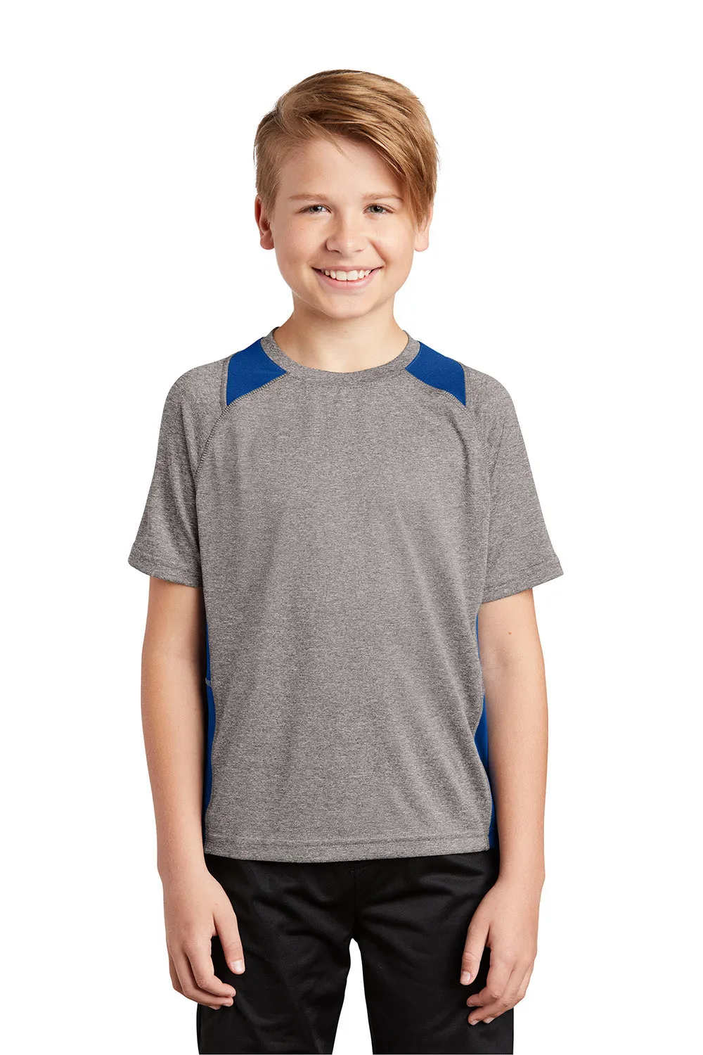 Sport-Tek T-shirt à manches courtes et col rond pour jeunes, en maille chiné, évacuant l'humidité - Gris chiné vintage / Bleu royal vrai