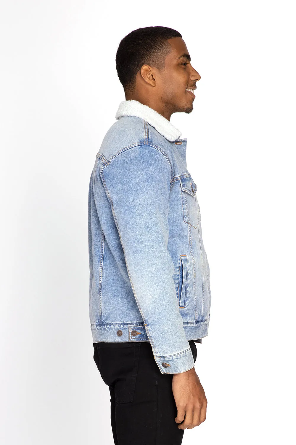Veste en denim à boutons pour hommes Threadfast Apparel avec doublure en sherpa - Bleu clair