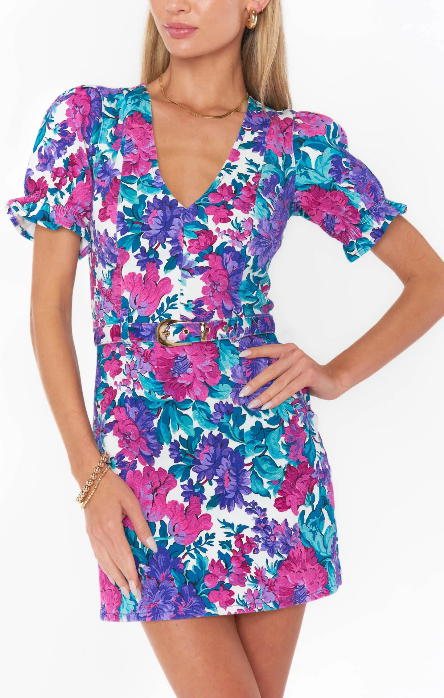Robe courte Zia ~ Denim à fleurs magenta