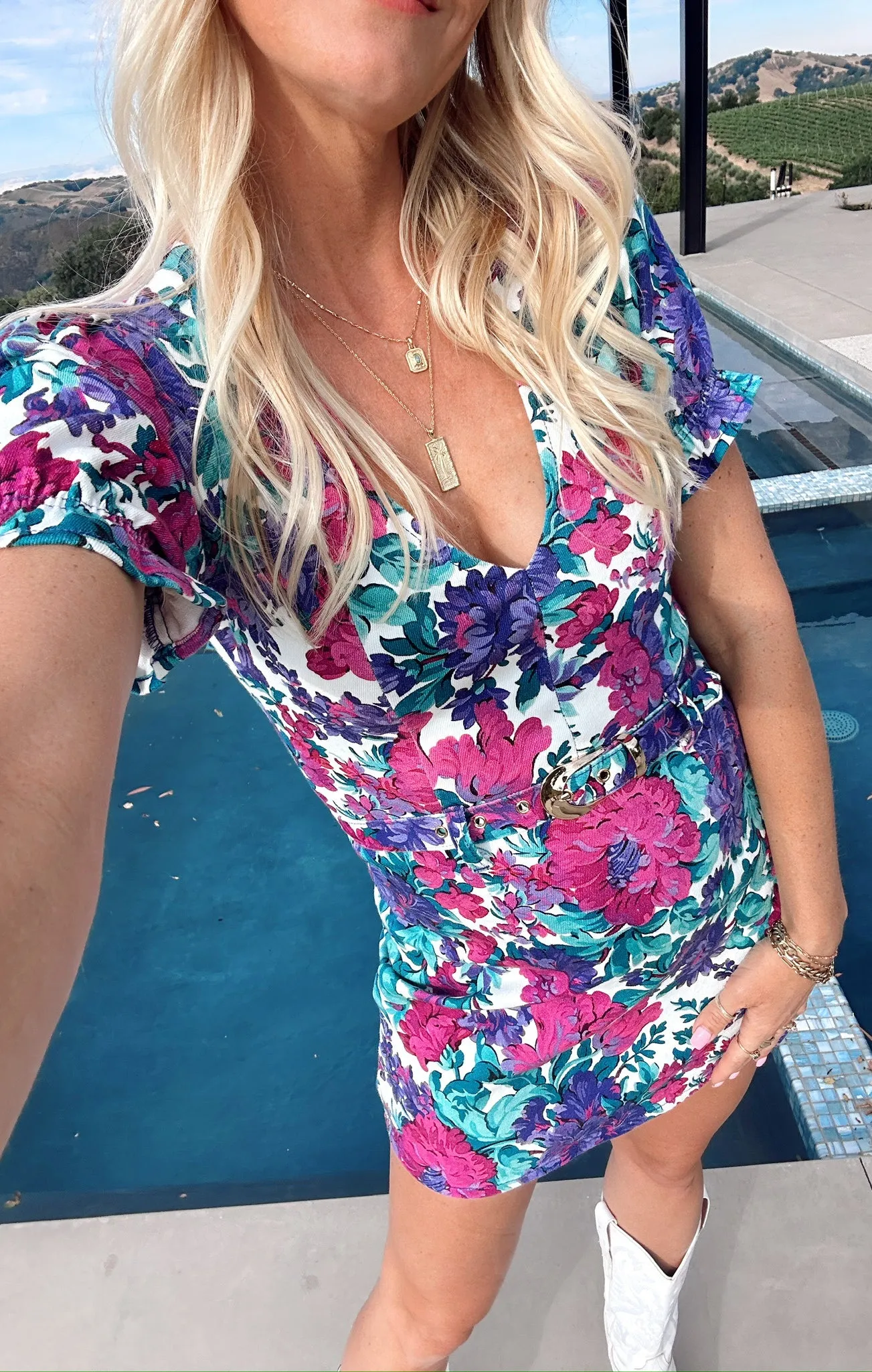 Robe courte Zia ~ Denim à fleurs magenta