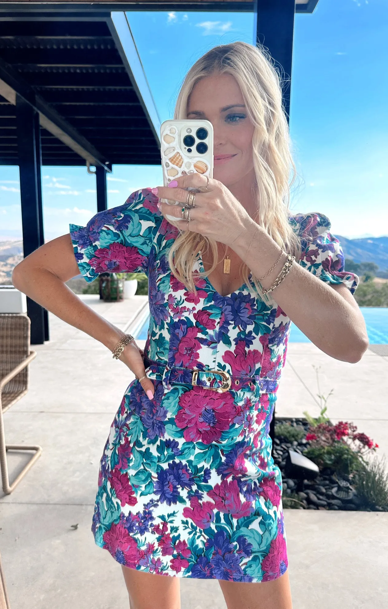 Robe courte Zia ~ Denim à fleurs magenta